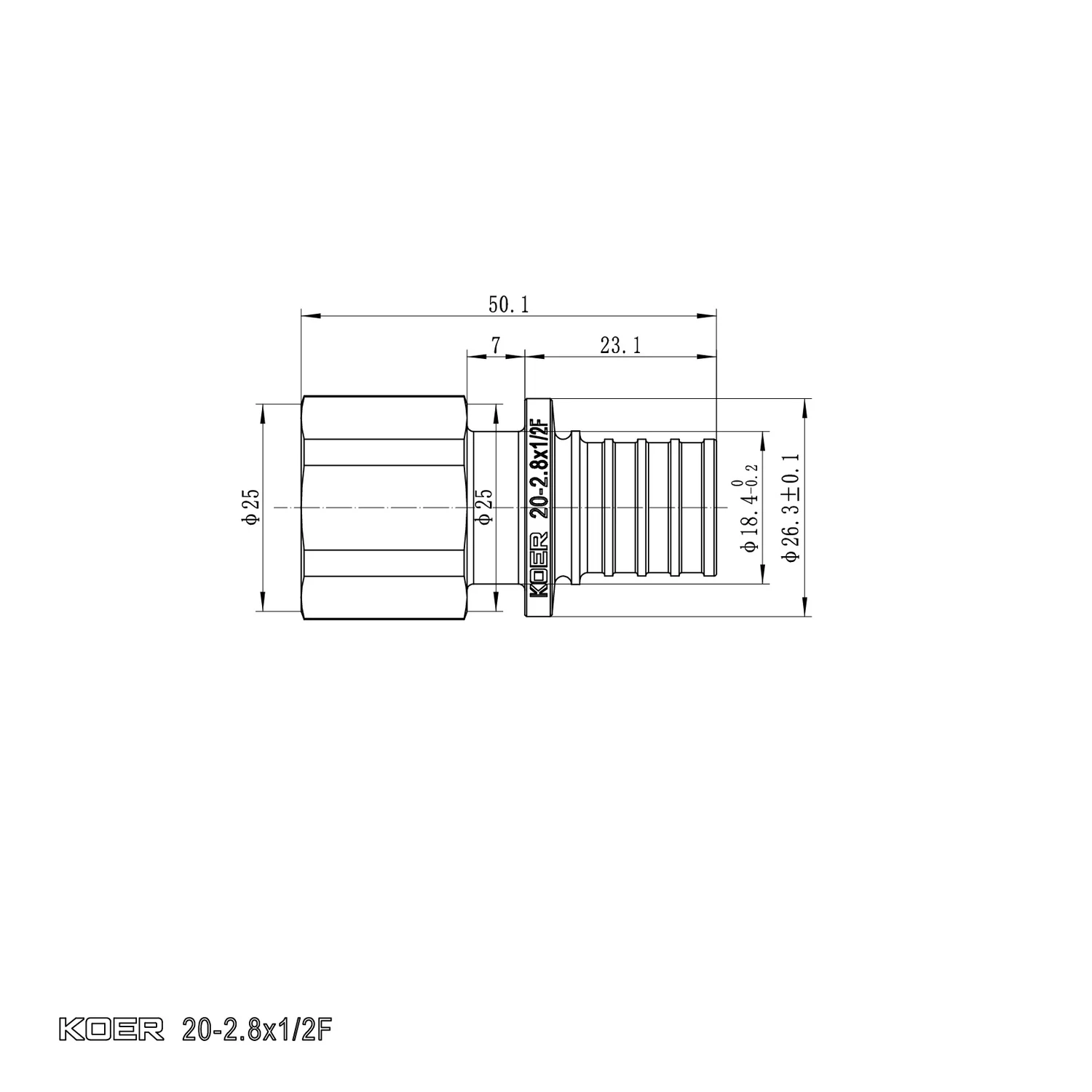 Перехідник Ніпель Koer KA.A06F-20 20(2.8mm) x 1/2"F Латунь