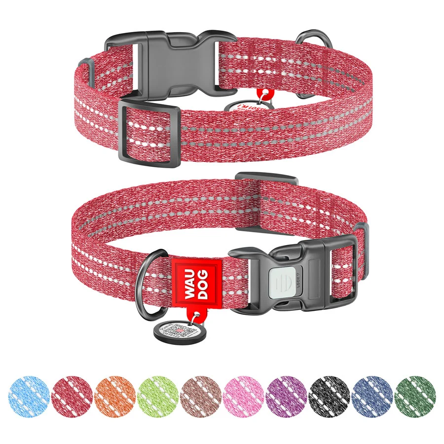Нашийник WAUDOG Re-cotton 15x25-35 см відновлена бавовна червоний з QR паспортом