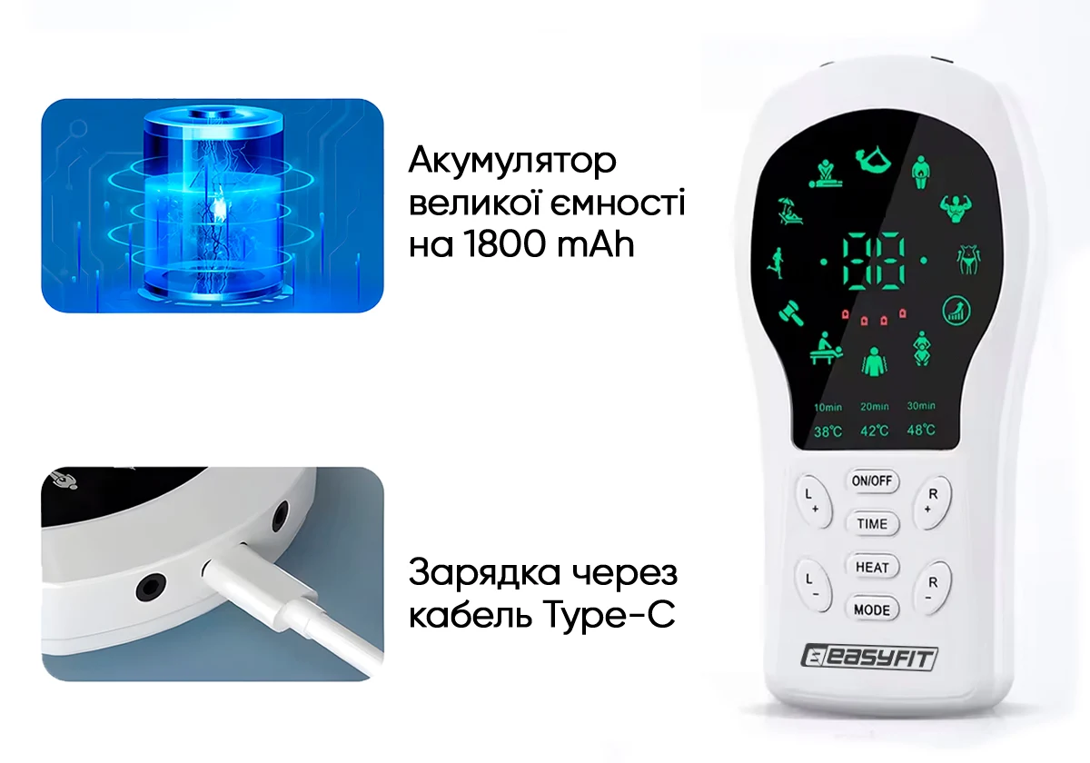 Міостимулятор EasyFit Pro ActivePulse імпульсний масажер з підігрівом 14х6,9 см білий