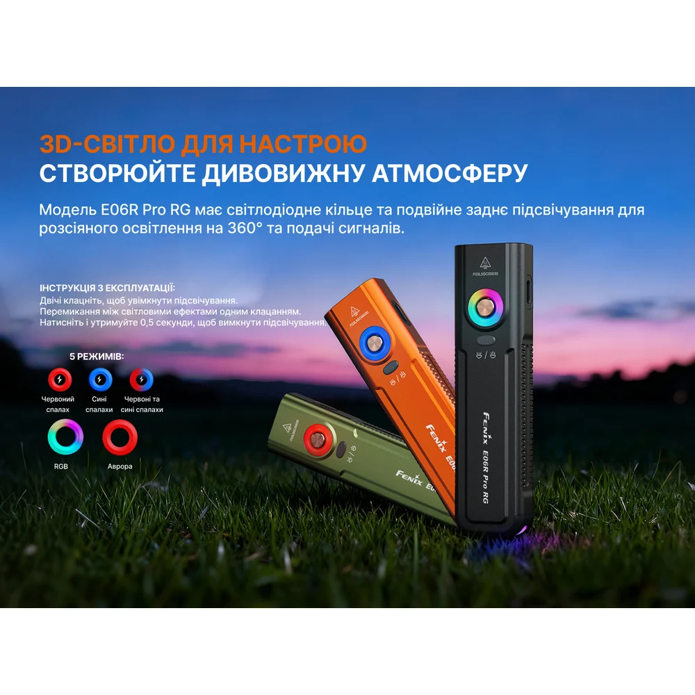 Ліхтар Fenix E06R PRO RG 1600 лм авіаційний алюміній 123х31х19 мм помаранчевий