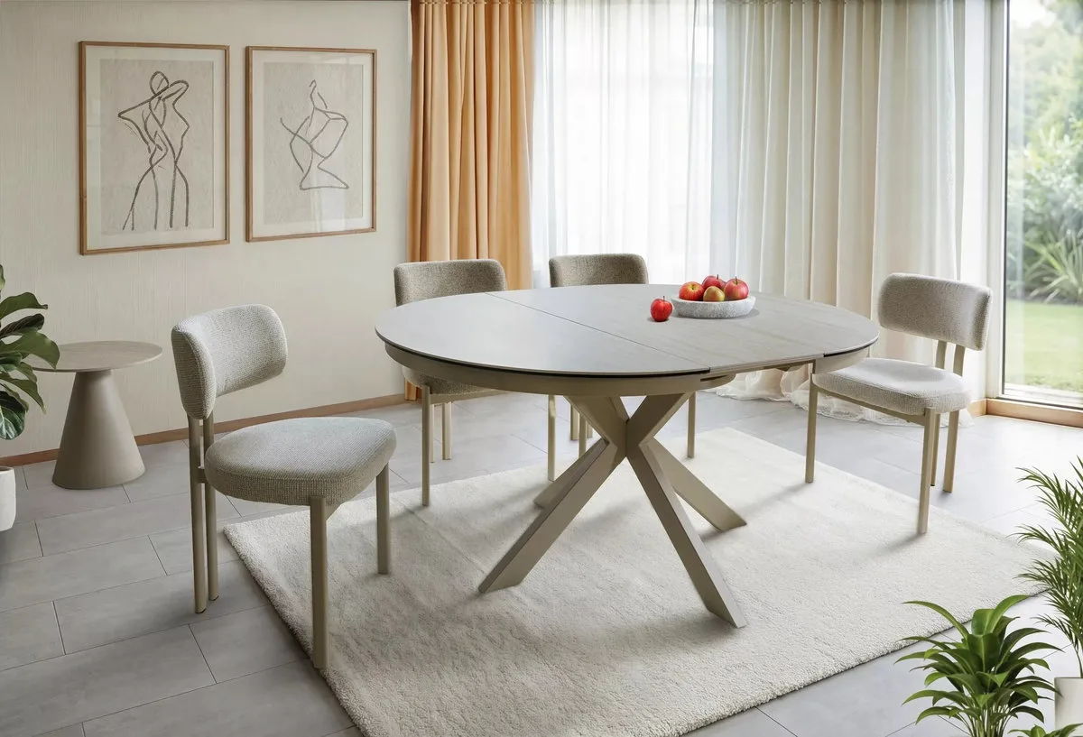 Стіл розкладний PORTO CERAMIC 120x120(160)x76 см загартоване скло + кераміка травертин бежевий кашемір