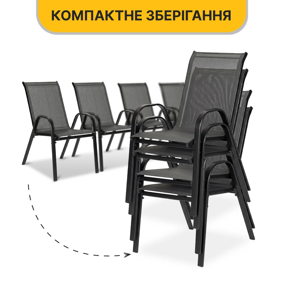 Комплект садової меблі 6 крісел + великий стіл сталь текстиль скло 120x70 см чорний