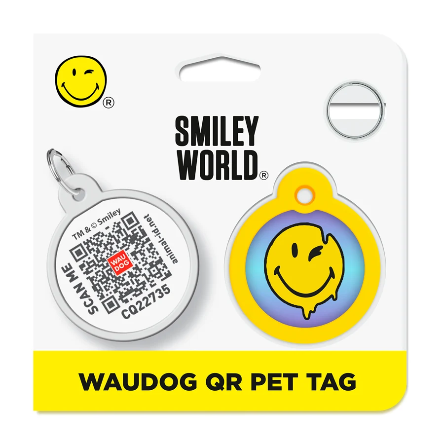 Адресник WAUDOG Smart ID з QR паспортом стальний D 30 мм блакитний Смайли