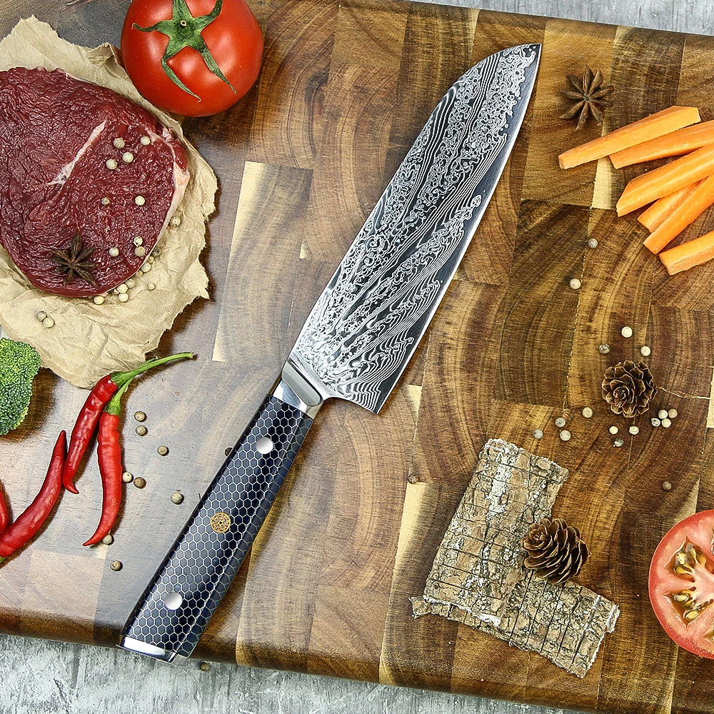 Ніж Santoku 18 см дамаська сталь 60 HRC чорний композитний