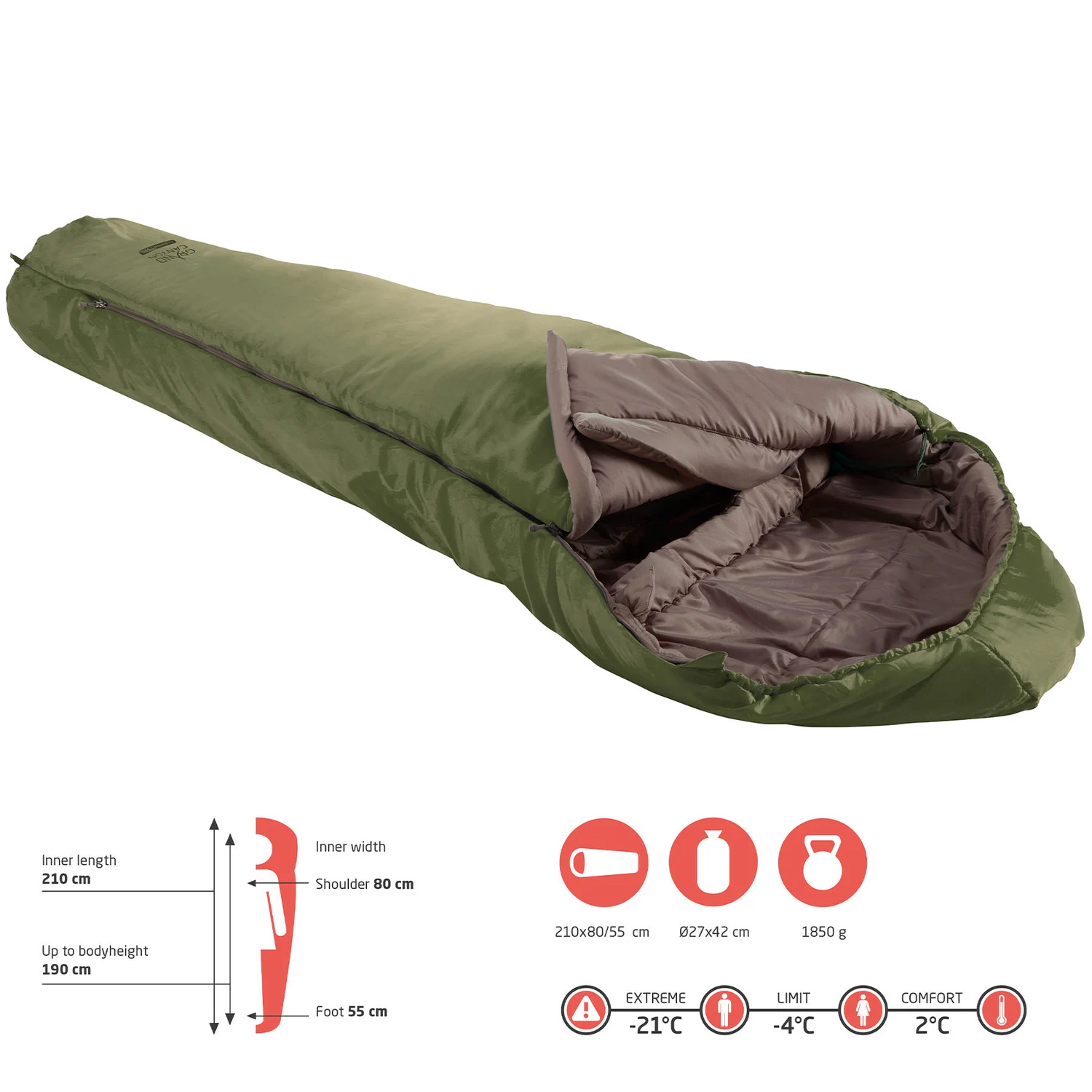 Спальний мішок Grand Canyon Fairbanks 190 -4°C Hollow Fiber 190x75 см Оливковий
