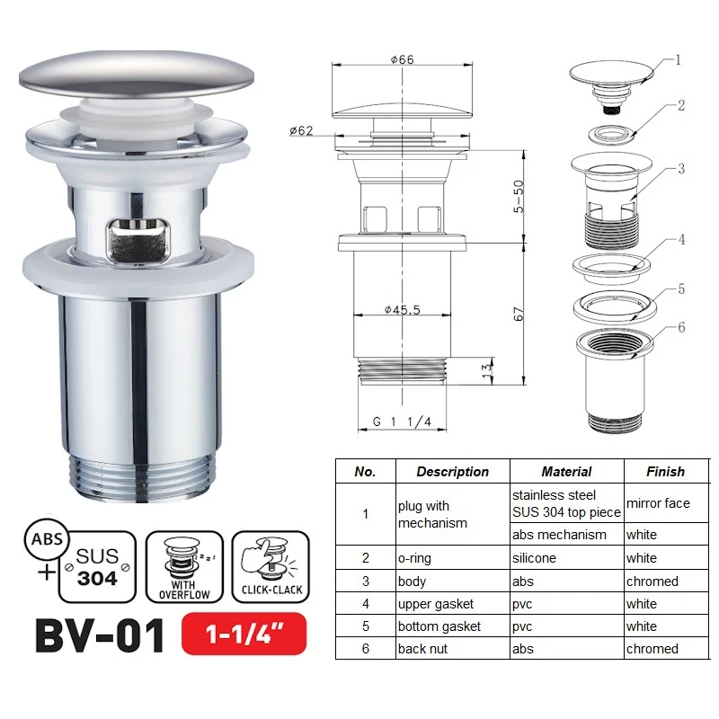 Донний клапан Zerix BV-01 1 1/4'' автоматичний click-clack нержавіюча сталь хром