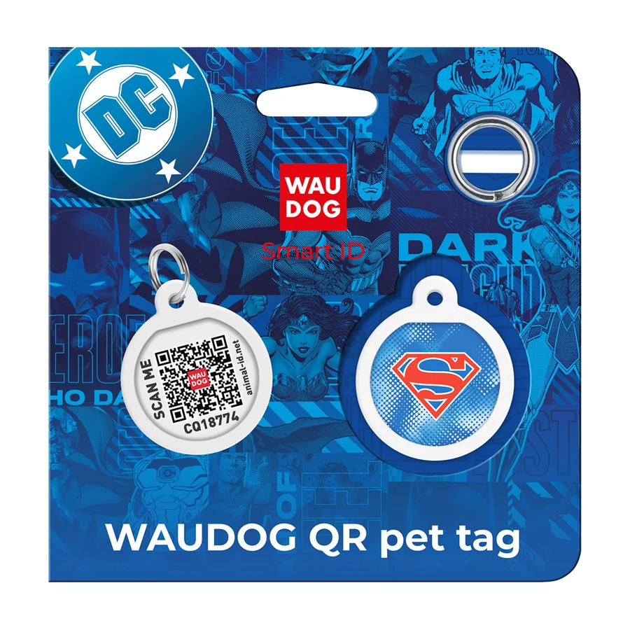 Адресник WAUDOG Smart ID з QR паспортом стальний Д 25 мм металевий Супермен ретро