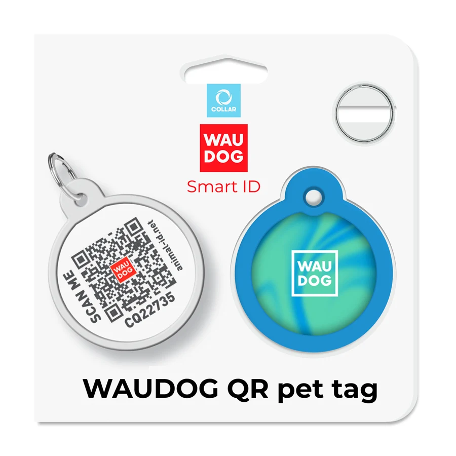 Адресник WAUDOG Smart ID з QR паспортом стальний Д 30 мм градієнт блакитний