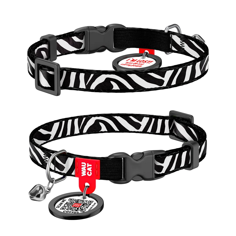 Нашийник для котів WAUCAT Nylon XS 10 мм 20-30 см Зебра нейлоновий з QR-адресником