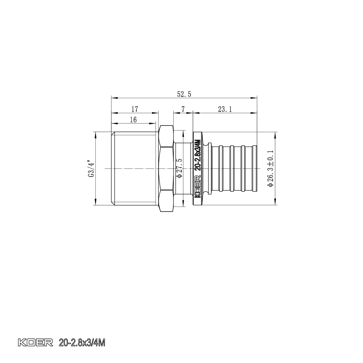 Перехідник ЗР Koer KA.A08M-20 20(2.8mm) x 3/4" латунь ніпель