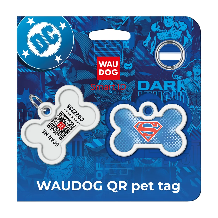 Адресник WAUDOG Smart ID з QR паспортом металевий 40x28 мм Супермен ретро