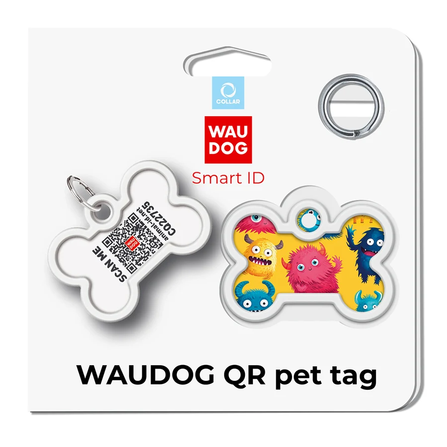 Адресник WAUDOG Smart ID з QR паспортом стальний Д 40 мм Ш 28 мм Мохнаті монстри