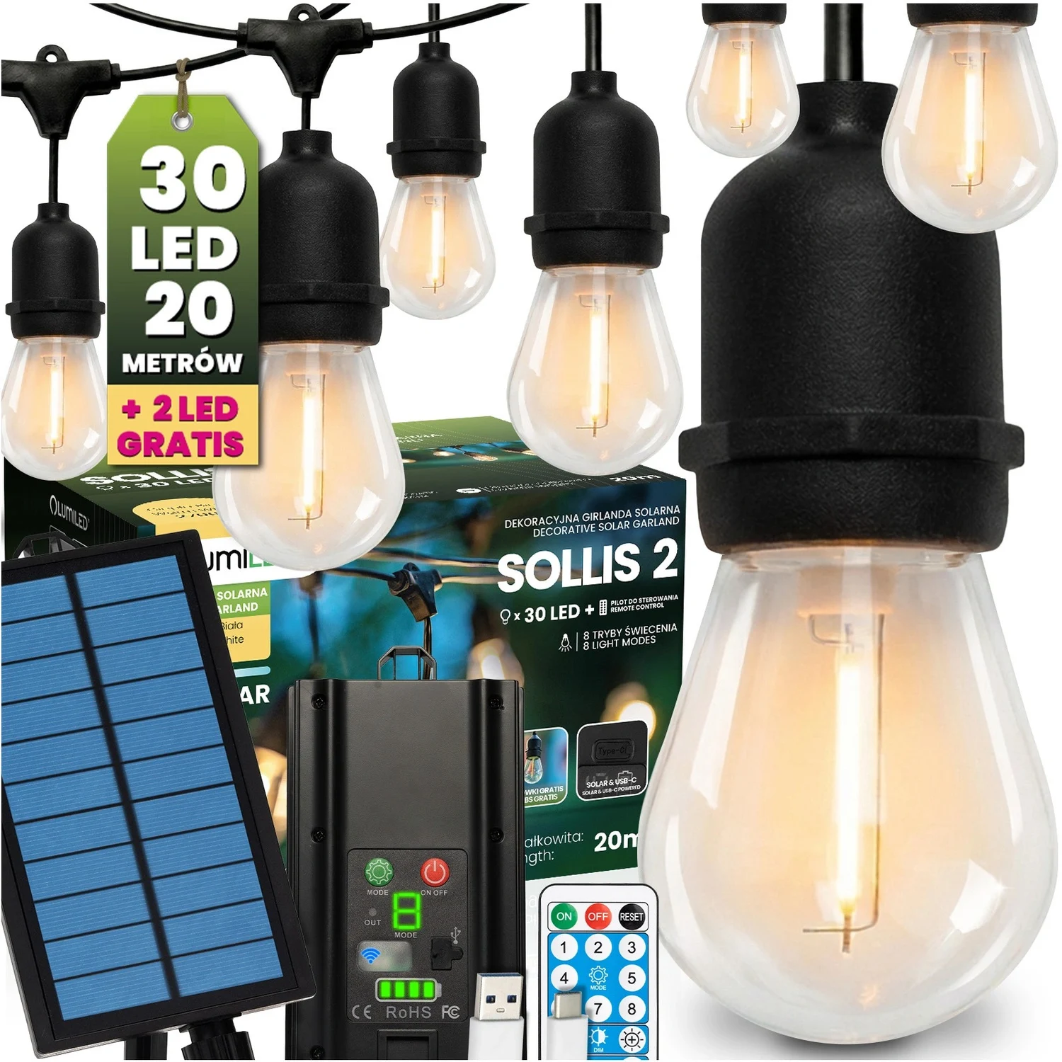 Вулична LED гірлянда Lumiled Sollis 2 20 м 30 LED E27 тепле світло IP65 USB-C