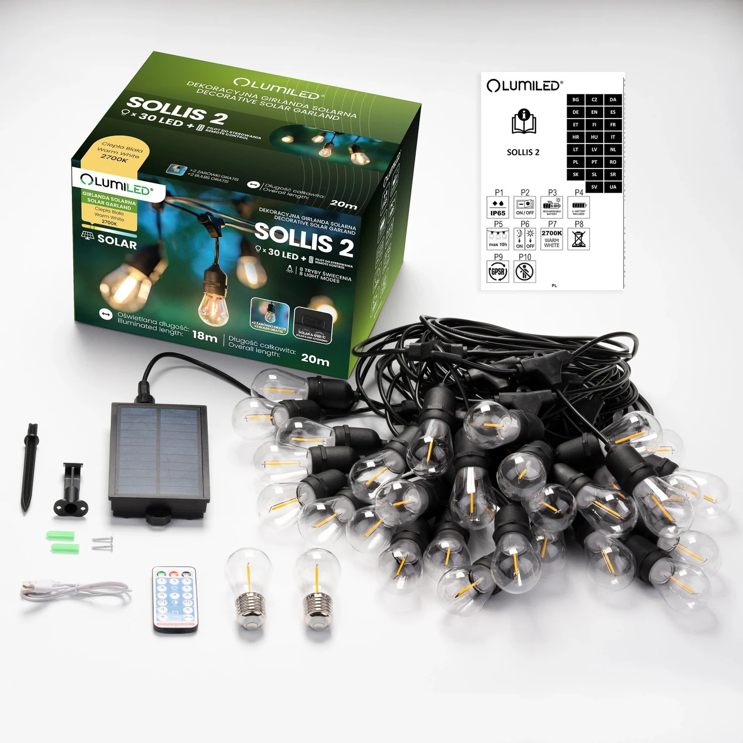 Вулична LED гірлянда Lumiled Sollis 2 20 м 30 LED E27 тепле світло IP65 USB-C