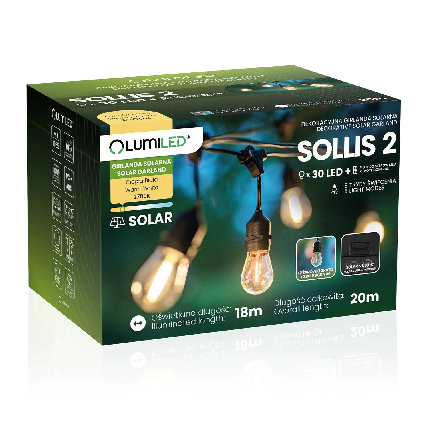 Вулична LED гірлянда Lumiled Sollis 2 20 м 30 LED E27 тепле світло IP65 USB-C
