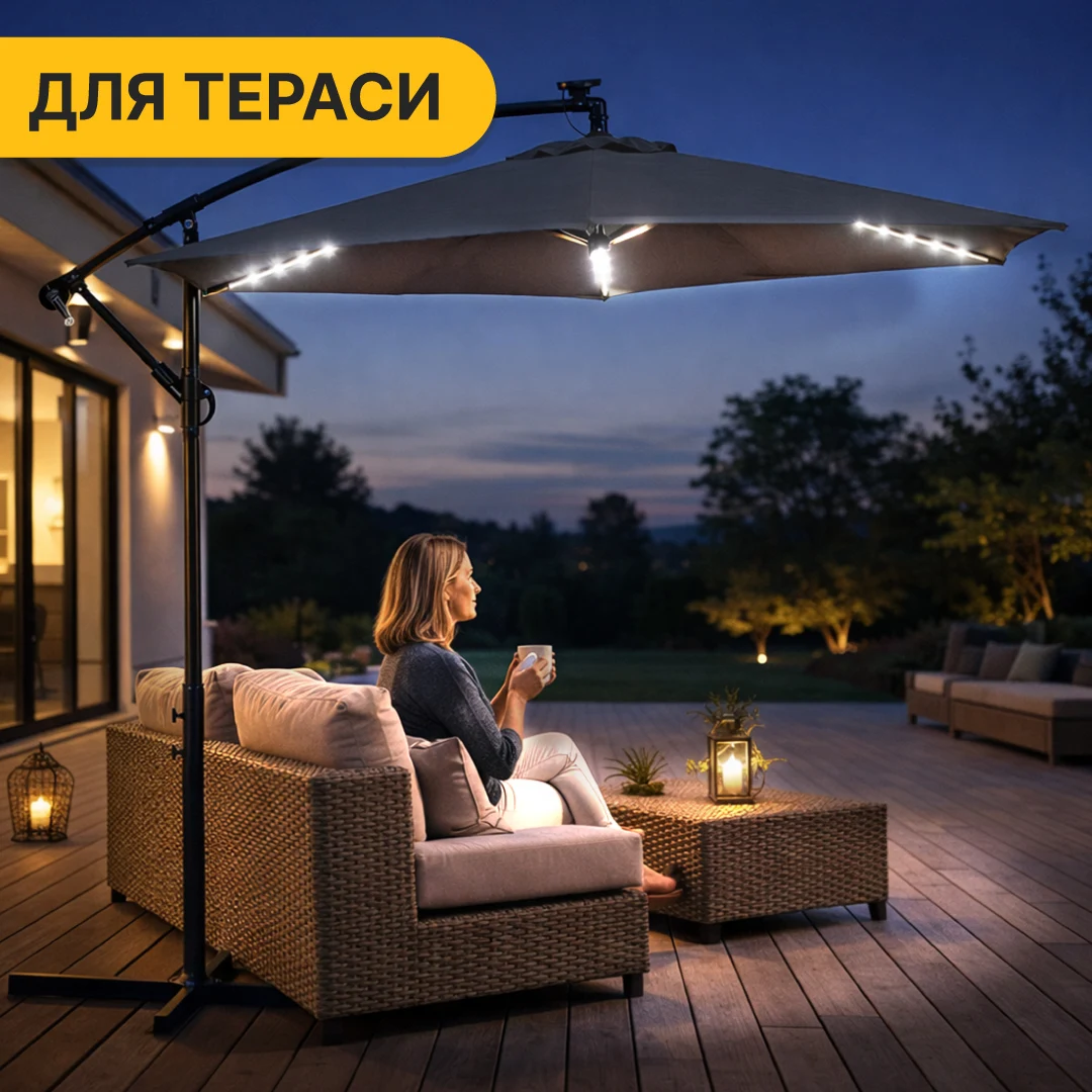 Складний садовий зонт LEOBRO 300 см з боковим подовжувачем і LED підсвіткою сірий
