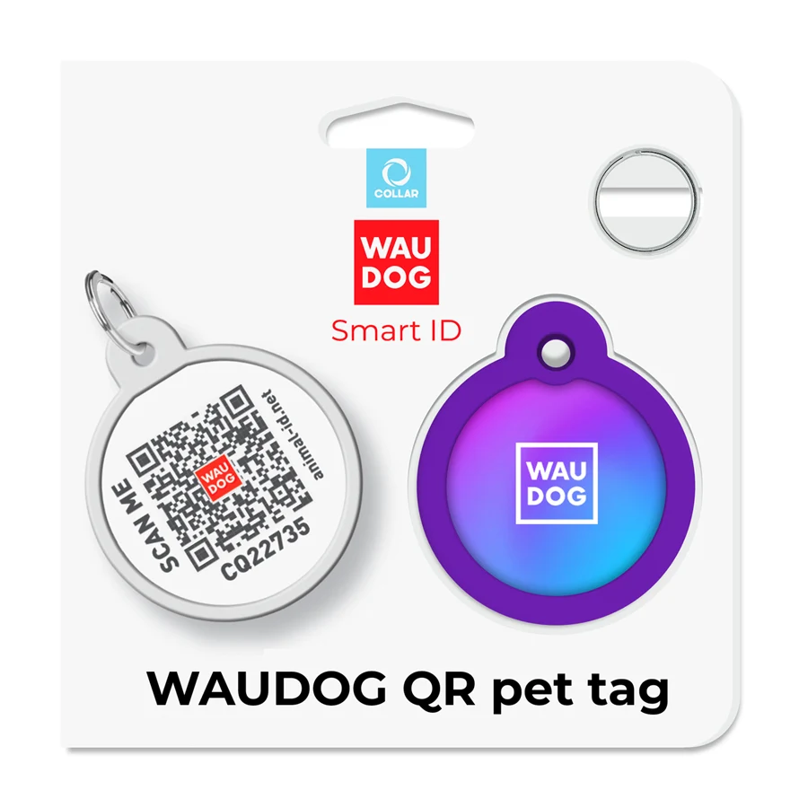 Адресник WAUDOG Smart ID металевий з QR паспортом коло Д 30 мм градієнт фіолетовий