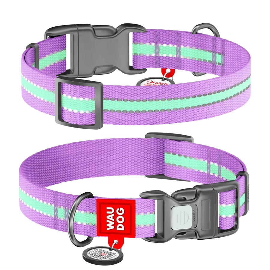 Нашийник WAUDOG Nylon світловідбивний з QR паспортом нейлоновий 25 мм 33-49 см фіолетовий