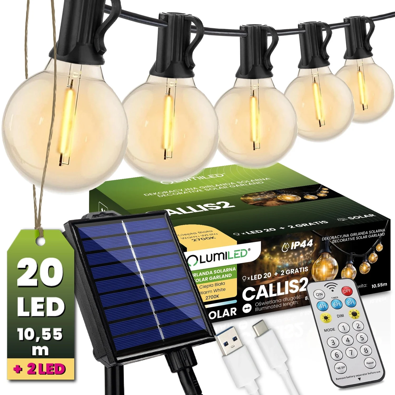 Сонячна декоративна гірлянда 20 LED-ліхтариків 10,55 м тепле світло пластик IP44 з пультом
