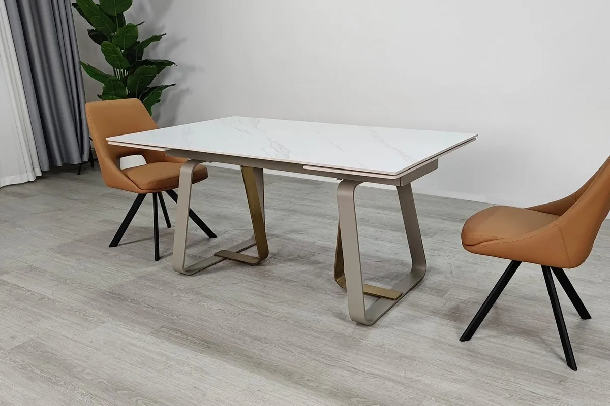 Стіл розкладний BIANCO LUXE CERAMIC 160(240)x90 см кераміка білий мат/кашемір+золото