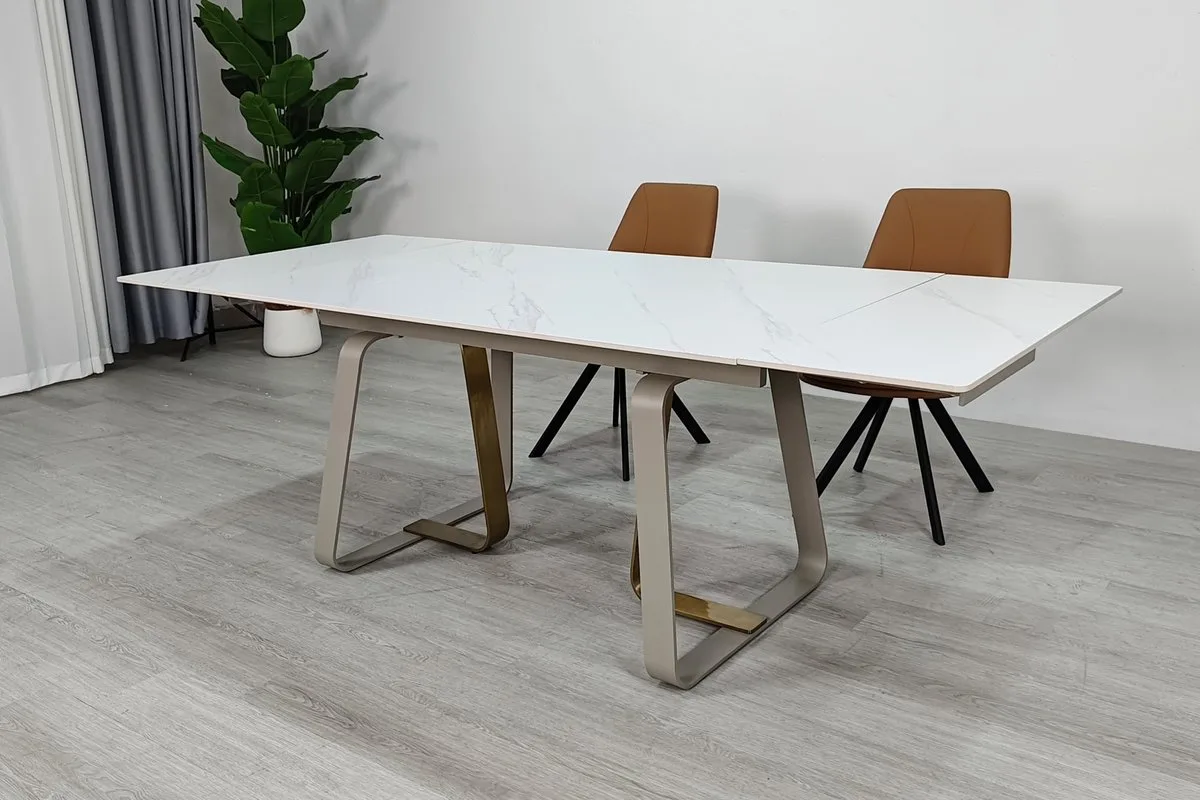 Стіл розкладний BIANCO LUXE CERAMIC 160(240)x90 см кераміка білий мат/кашемір+золото