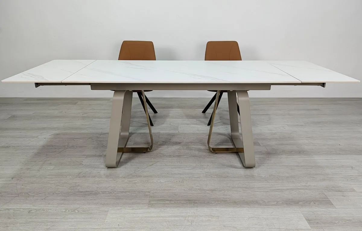 Стіл розкладний BIANCO LUXE CERAMIC 160(240)x90 см кераміка білий мат/кашемір+золото