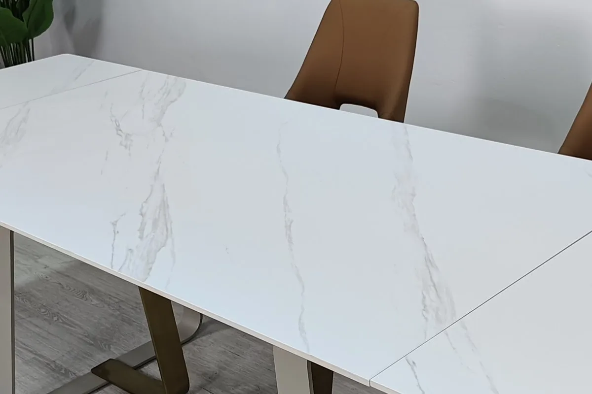 Стіл розкладний BIANCO LUXE CERAMIC 160(240)x90 см кераміка білий мат/кашемір+золото