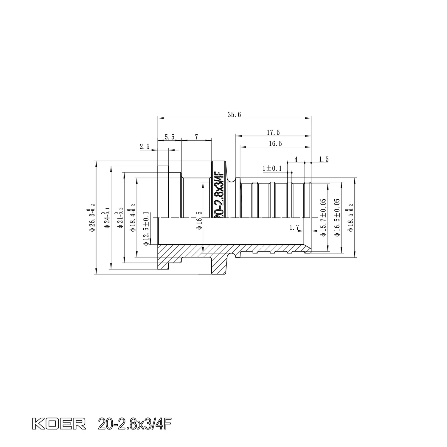 Перехідник з накидною гайкою Koer KA.A08F-20S 20(2.8mm) x 3/4"F латунь