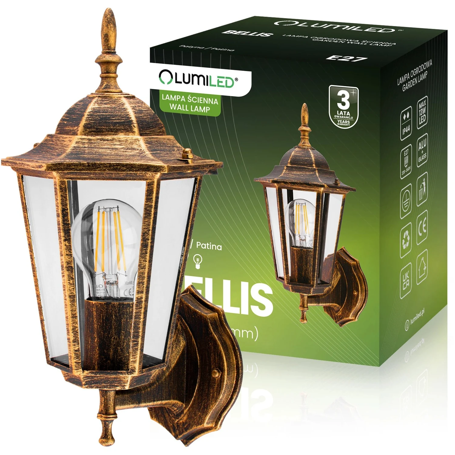 Настінний світильник Lumiled Bellis E27 13 Вт алюміній IP44 ретро 25х25х20 см патина