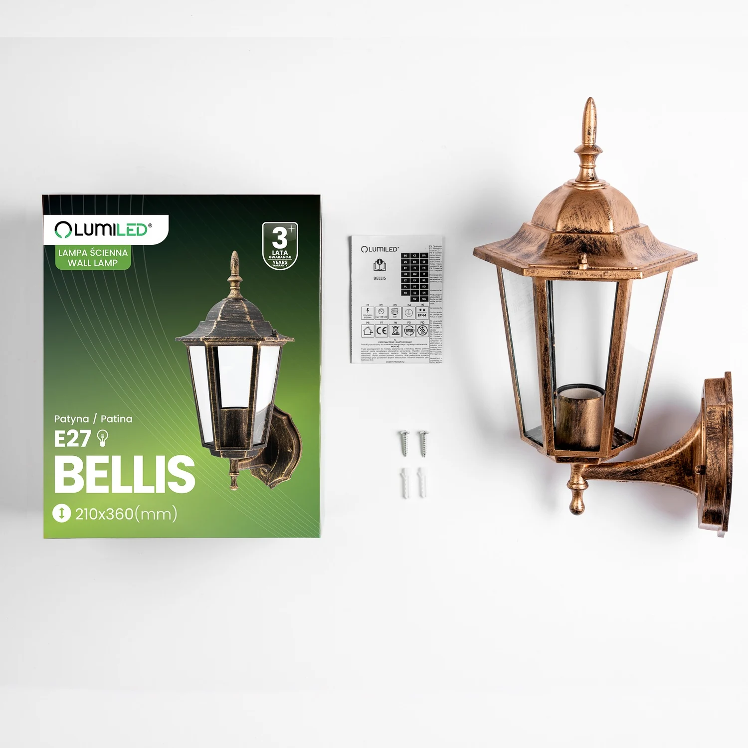 Настінний світильник Lumiled Bellis E27 13 Вт алюміній IP44 ретро 25х25х20 см патина