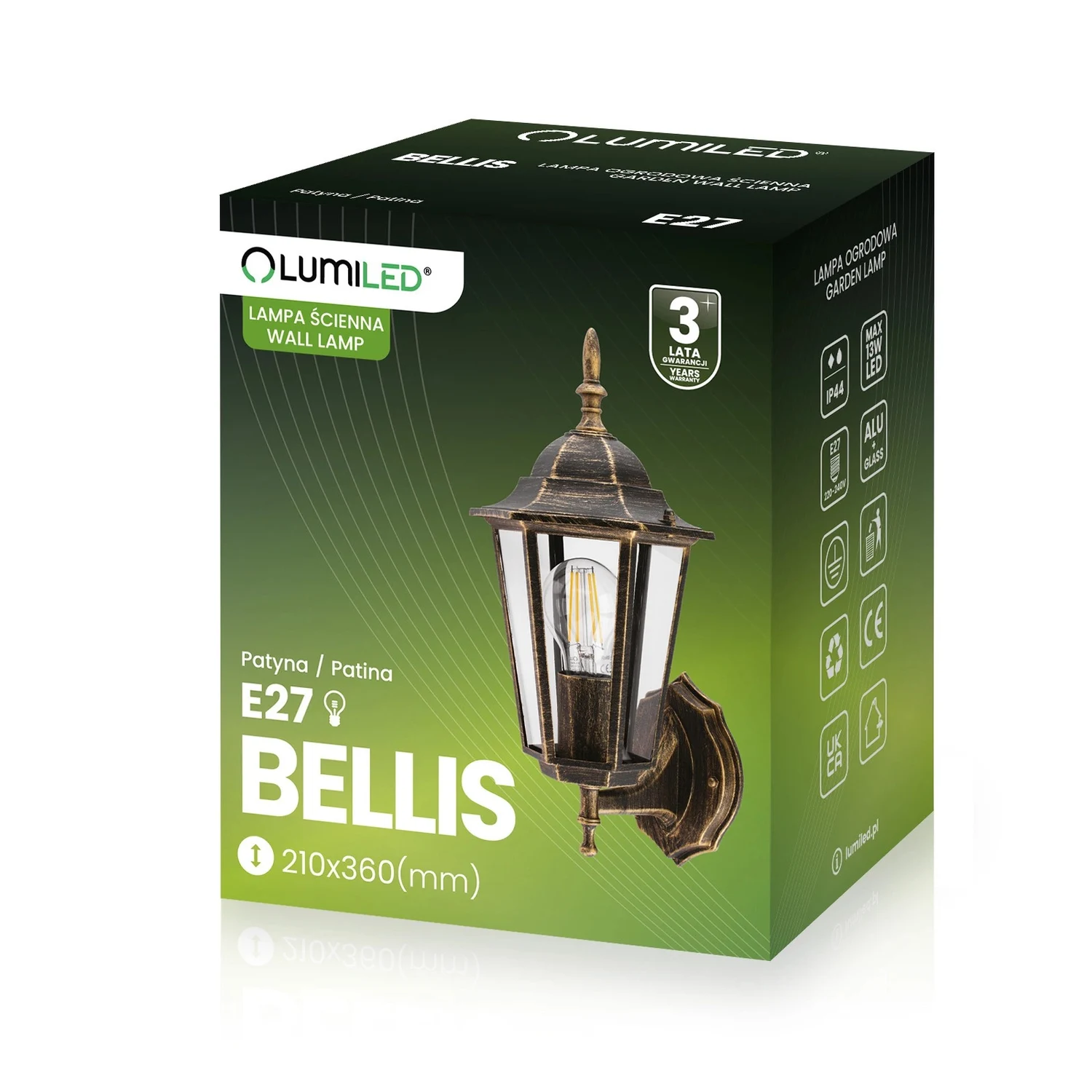 Настінний світильник Lumiled Bellis E27 13 Вт алюміній IP44 ретро 25х25х20 см патина