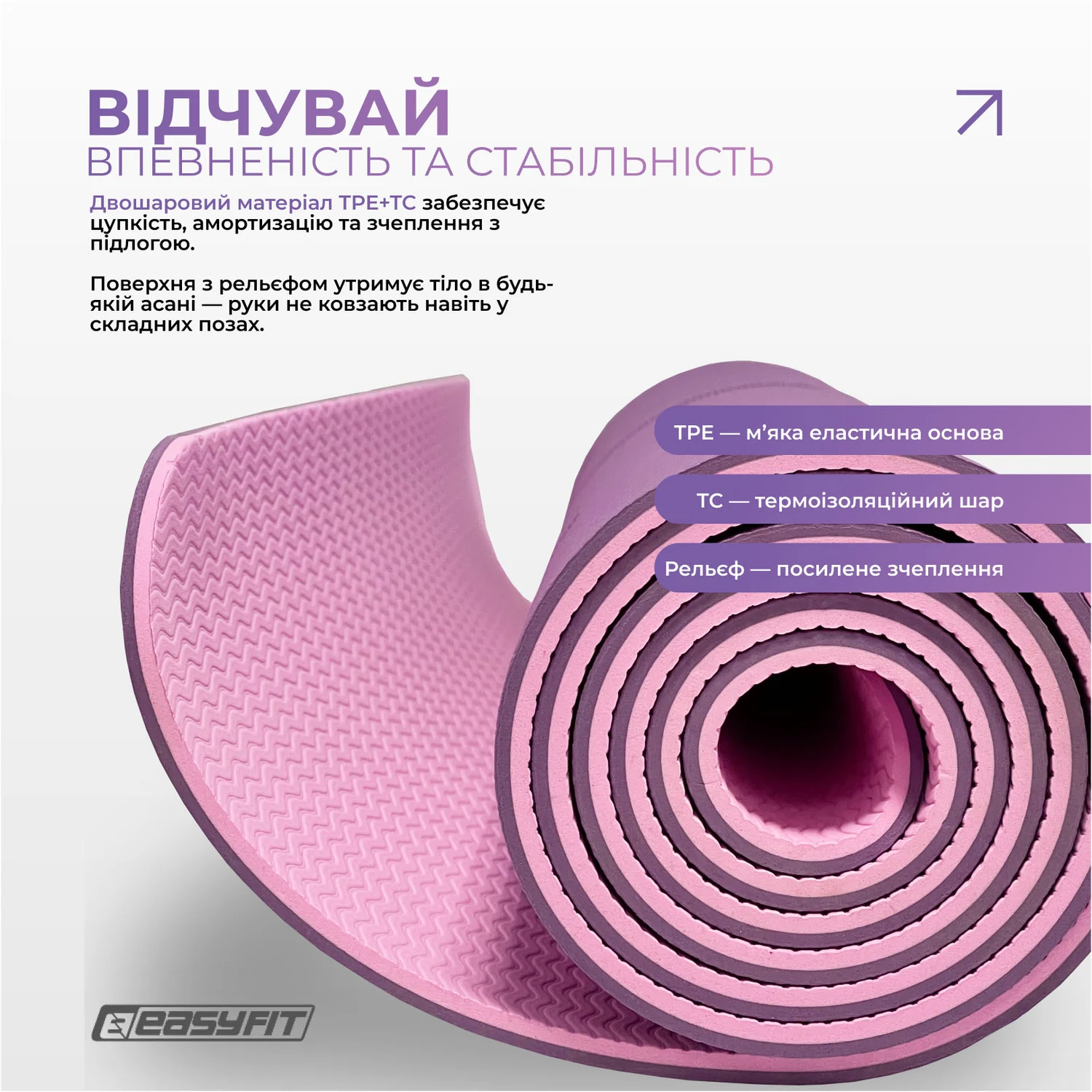 Коврик для йоги EasyFit Polarity radma 183х61 см TPE фіолетовий з рожевим 6 мм