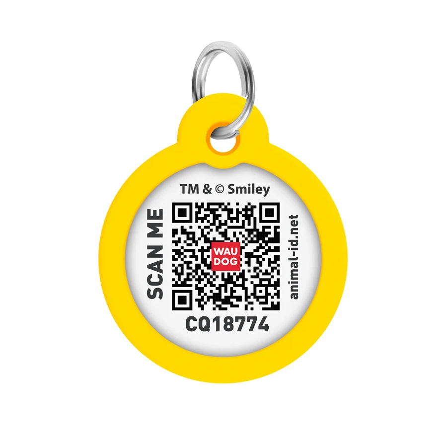Адресник WAUDOG Smart ID з QR паспортом стальний Д 30 мм рожевий Смайли на рожевому
