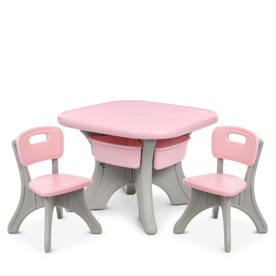 Дитячий столик NEW TABLE-8 сірo-рожевий 69х69 см пластик 2 стільці