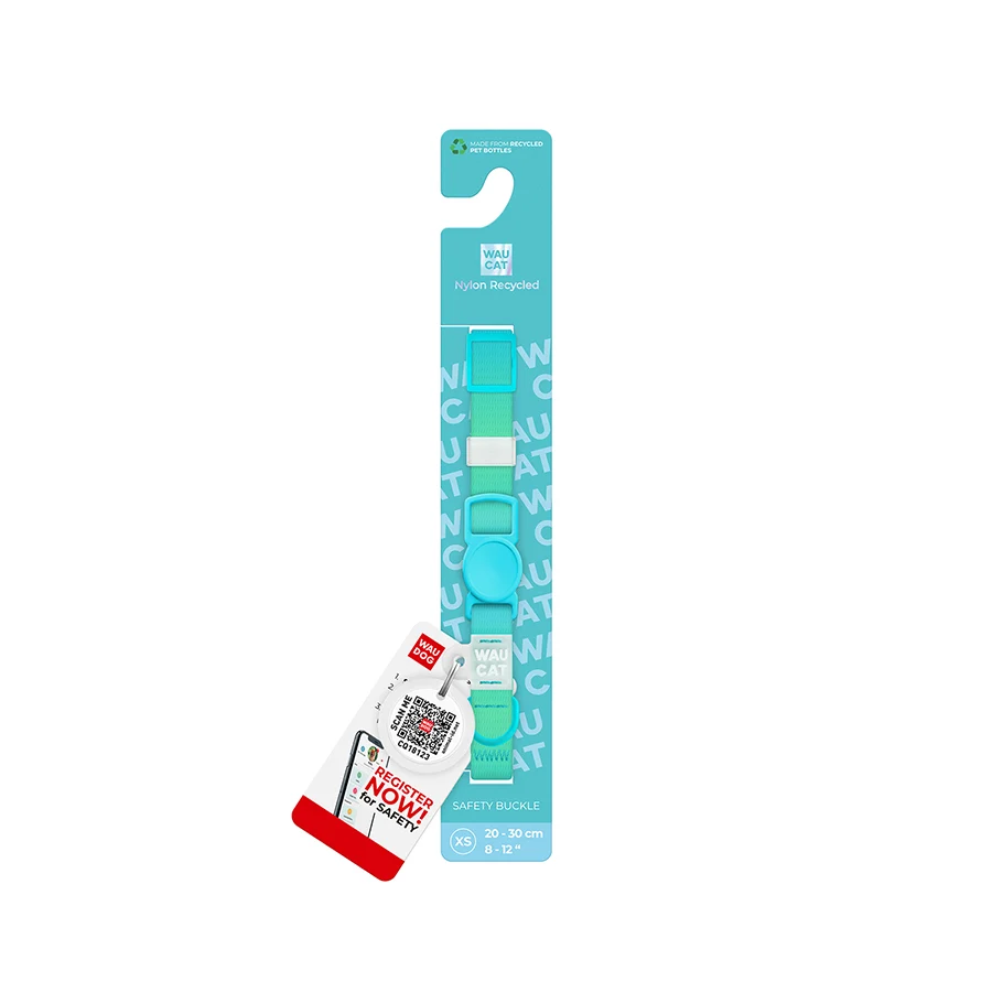 Нашийник WAUCAT Nylon Recycled з QR адресником 10 мм x 20-30 см блакитний перероблений поліестер XS