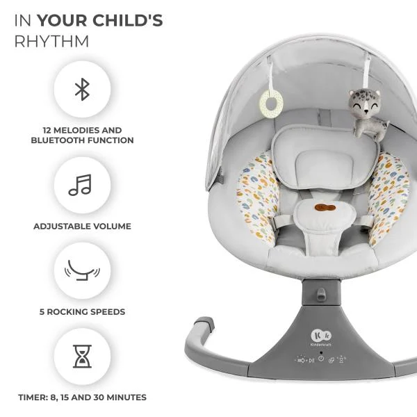 Шезлонг-гойдалка Kinderkraft Lumi 2 електрична 5 швидкостей світло-сірий