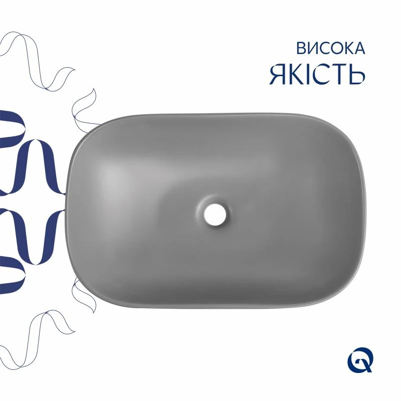 Накладна раковина Qtap Robin 600x390x150 мм керамічна сірого кольору з донним клапаном