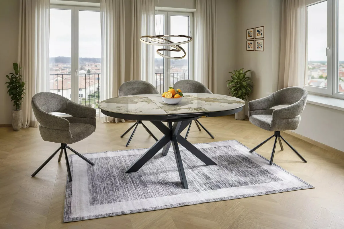 Стіл обідній розкладний PORTO CERAMIC 120x160x120 см загартоване скло + кераміка білий/чорний