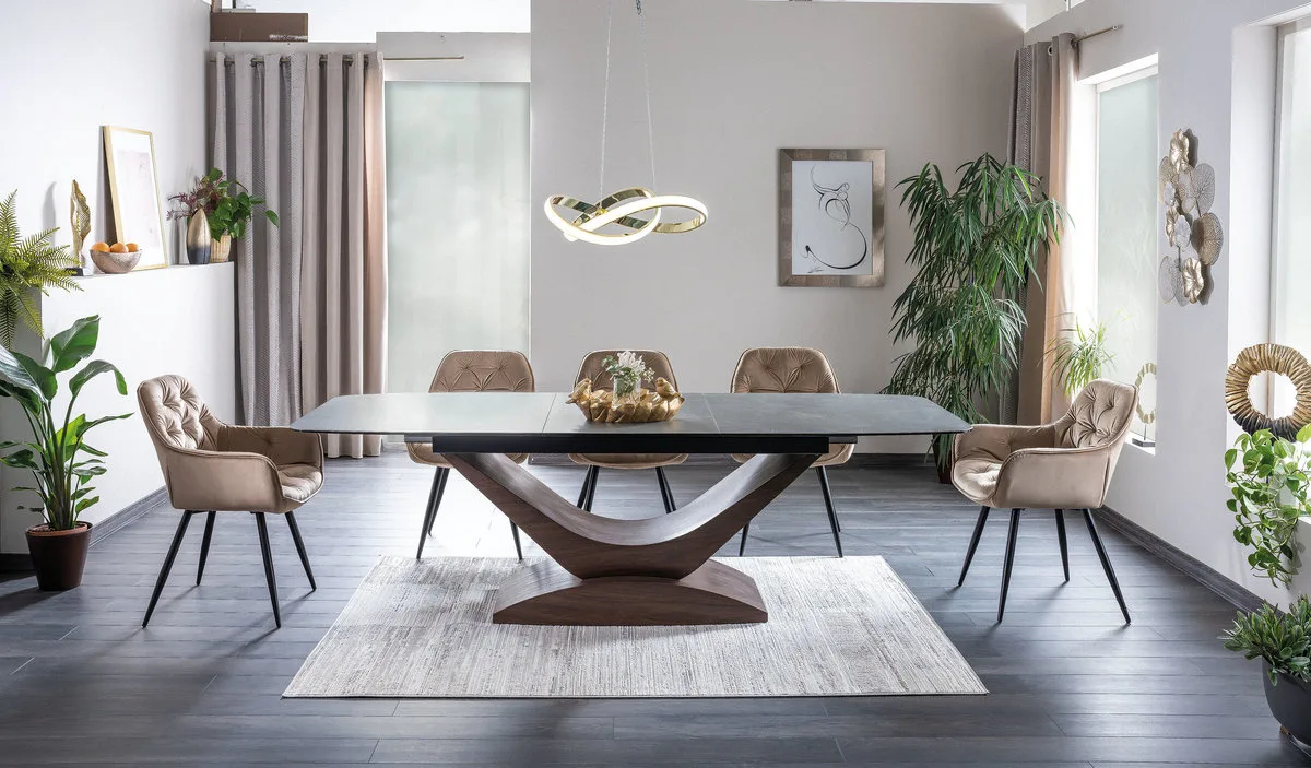 Стіл розкладний DOLCE CERAMIC 180(240)x95 см Загартоване скло + кераміка Сірий мармур/Темний горіх