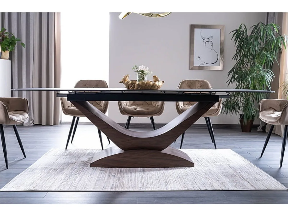 Стіл розкладний DOLCE CERAMIC 180(240)x95 см Загартоване скло + кераміка Сірий мармур/Темний горіх