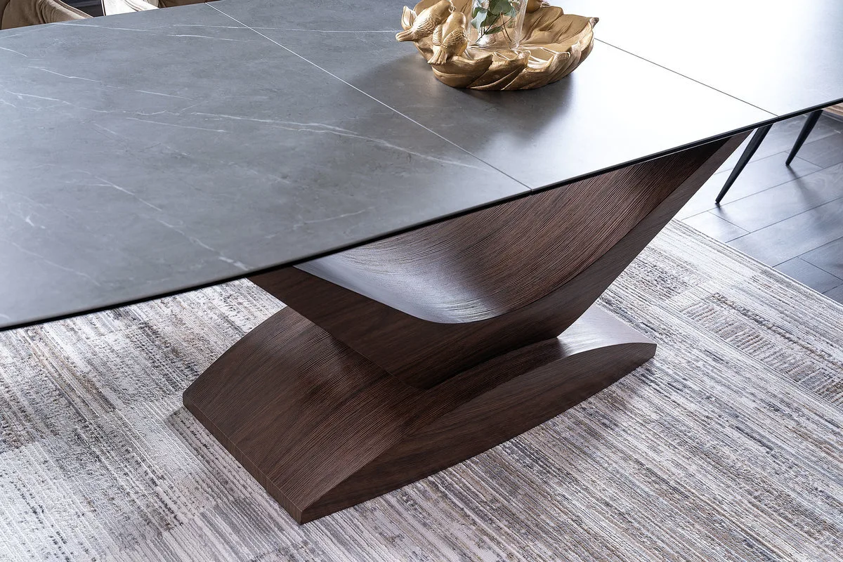 Стіл розкладний DOLCE CERAMIC 180(240)x95 см Загартоване скло + кераміка Сірий мармур/Темний горіх