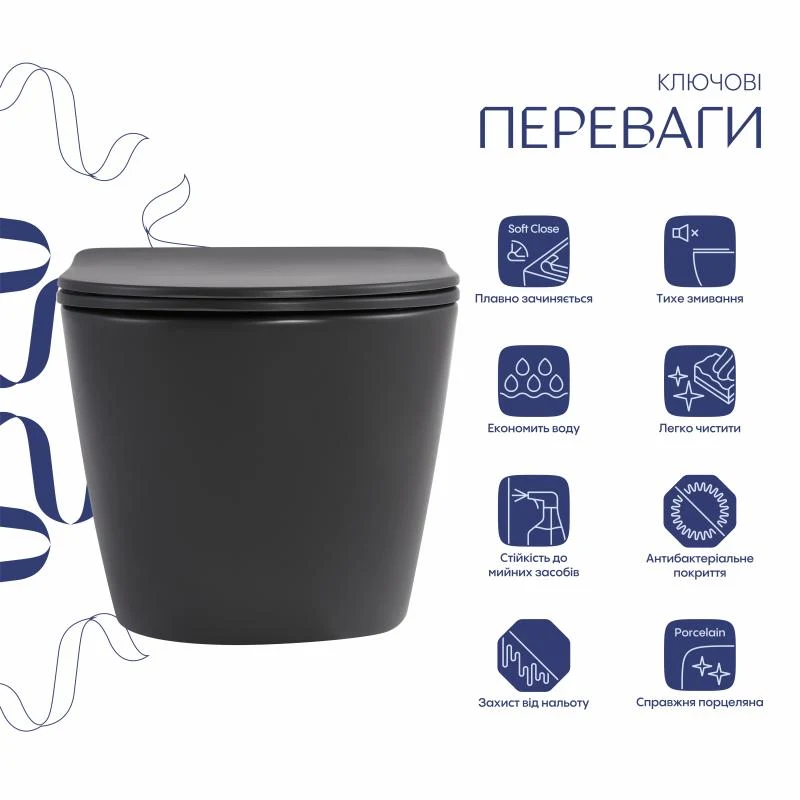 Унітаз підвісний Qtap Robin Ultra Quiet 520x365x340 мм Дюропласт Anthracite Soft-close Quick Release
