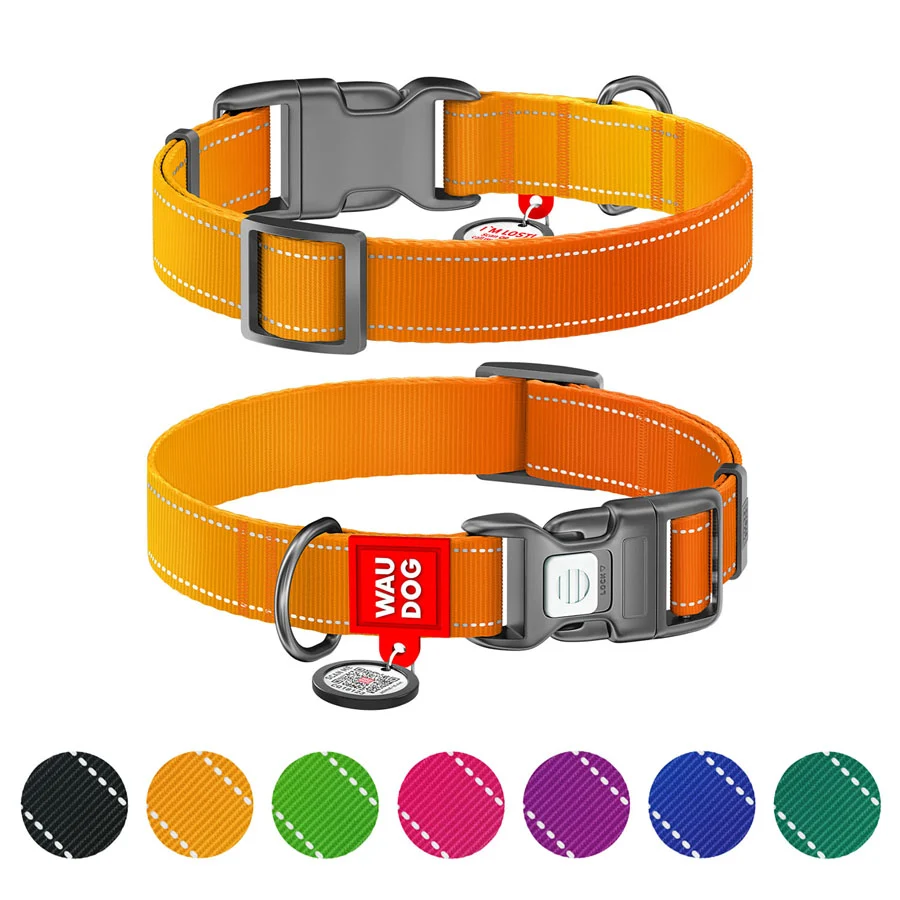 Нашийник WAUDOG Nylon Mono M 20 мм нейлоновий помаранчевий з QR паспортом 28-40 см світловідбивний