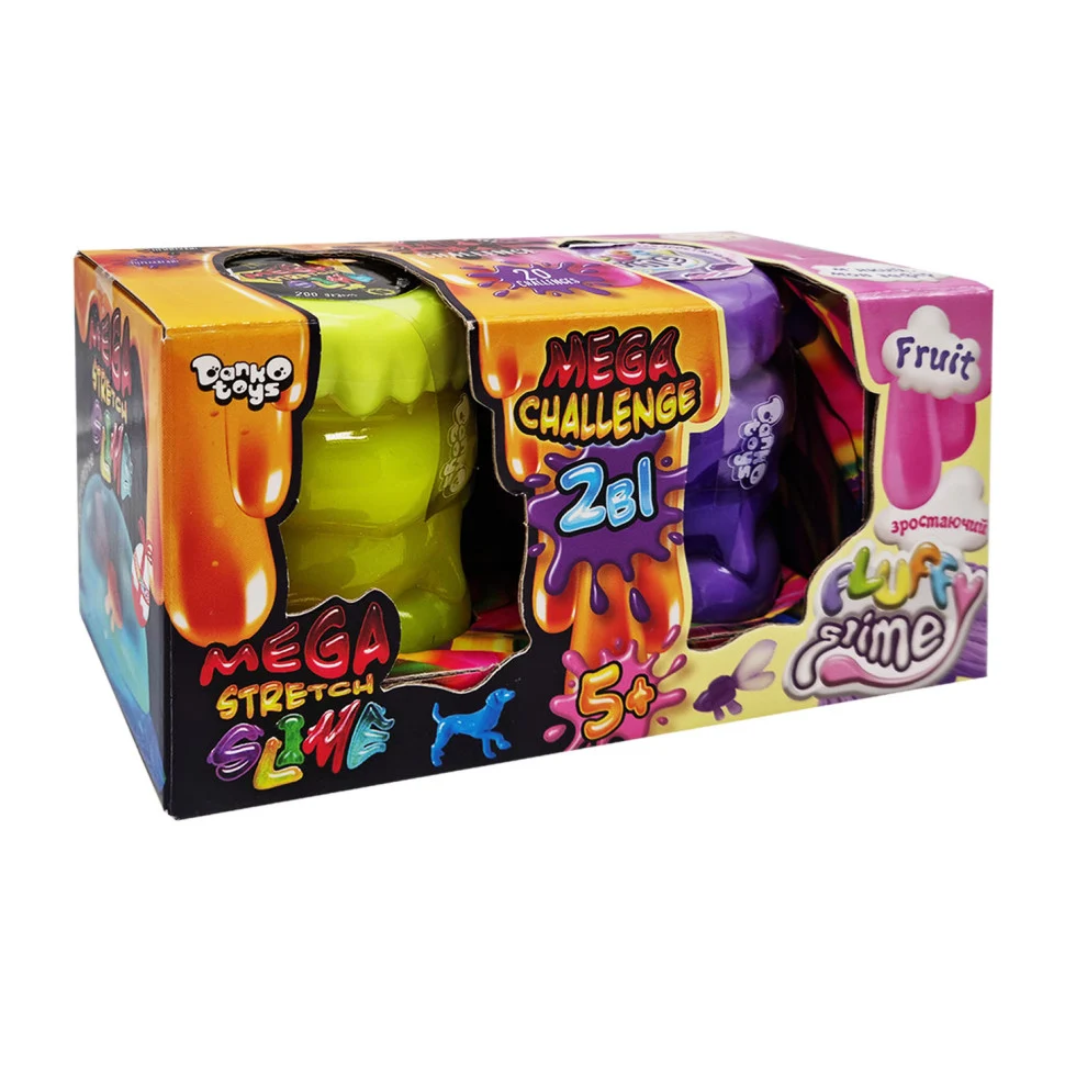 В'язка маса 2 в 1 Mega Stretch Slime Fluffy Slime пластик жовто-фіолетовий 2 шт