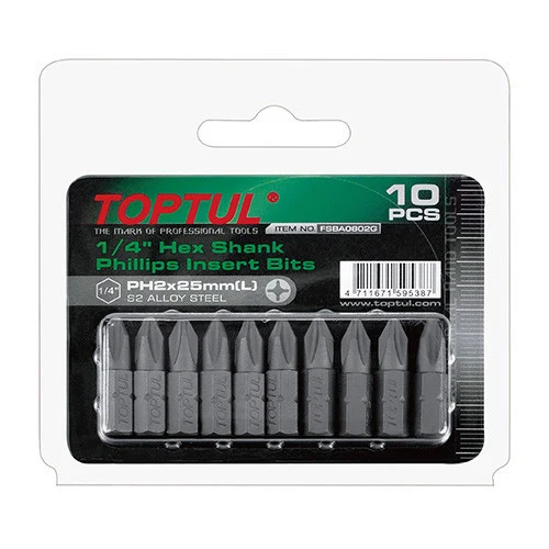 Набір насадок викруткових 1/4" TOPTUL FSBA0802G PH2 25 мм 10 ед. пластикова упаковка