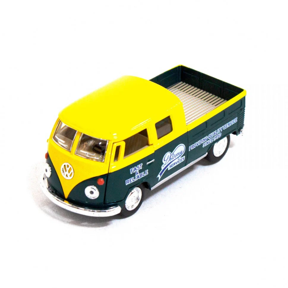 Інерційна машинка Volkswagen Bus Double Cab Pickup 1963 1:34 метал, пластик жовта 16х8х7 см