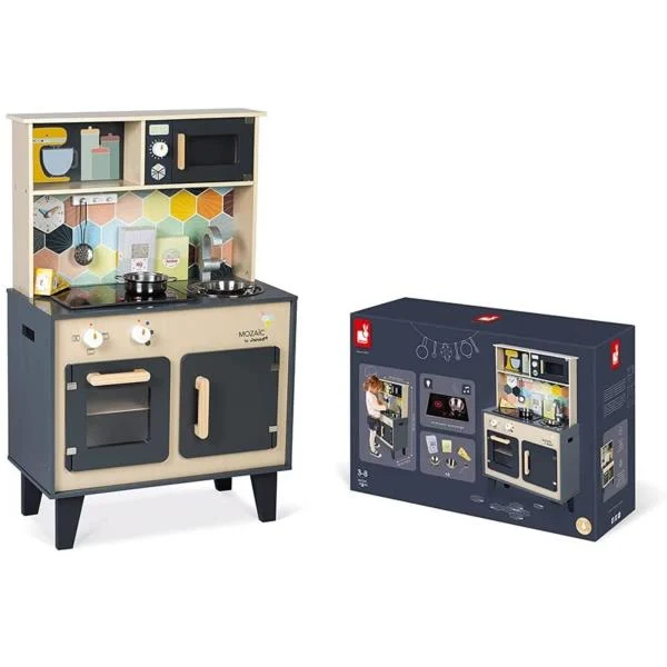 Дитяча кухня Janod J06609 натуральне дерево 80х30х90 см чорна з кольоровою мозаїкою