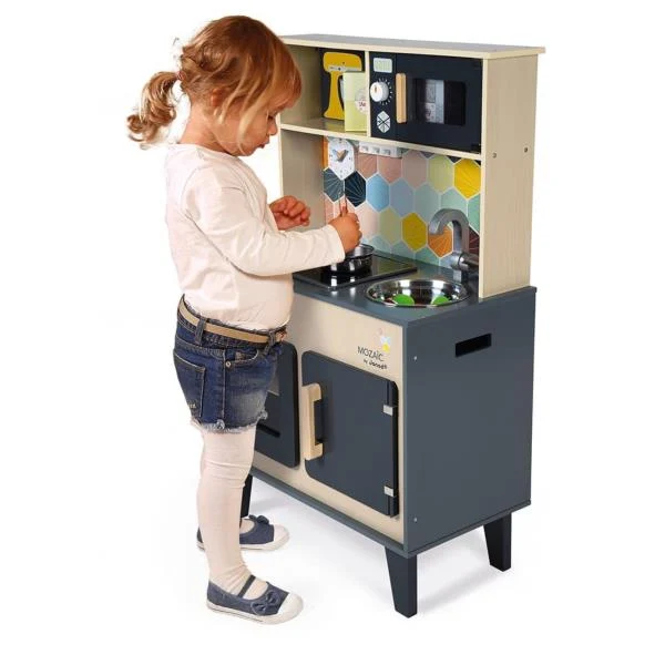 Дитяча кухня Janod J06609 натуральне дерево 80х30х90 см чорна з кольоровою мозаїкою