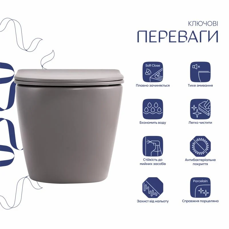 Унітаз підвісний Qtap Robin Ultra Quiet 520x365x340 мм дюропласт Stone grey