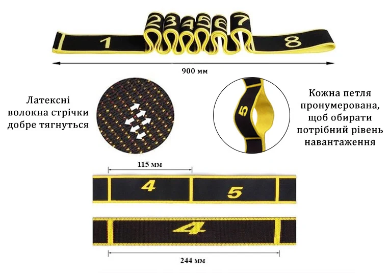 Еспандер стрічковий EasyFit з петлями жовтий 90х4 см поліестер-еластан рівень Medium
